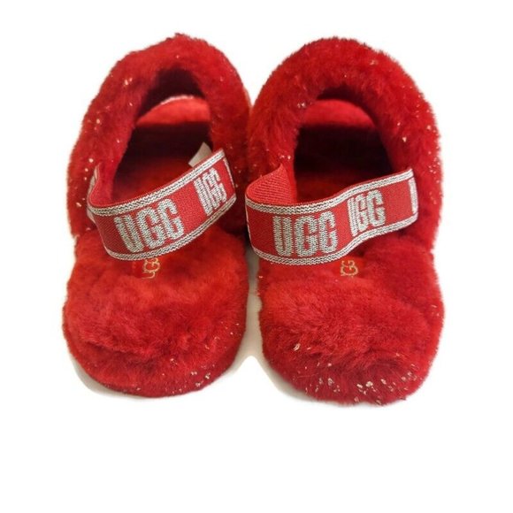 UGG Womens Size 6 Fluff Yeah Metallic Sparkle Slide Backstrap Slippers Red Multi - Picture 6 of 8